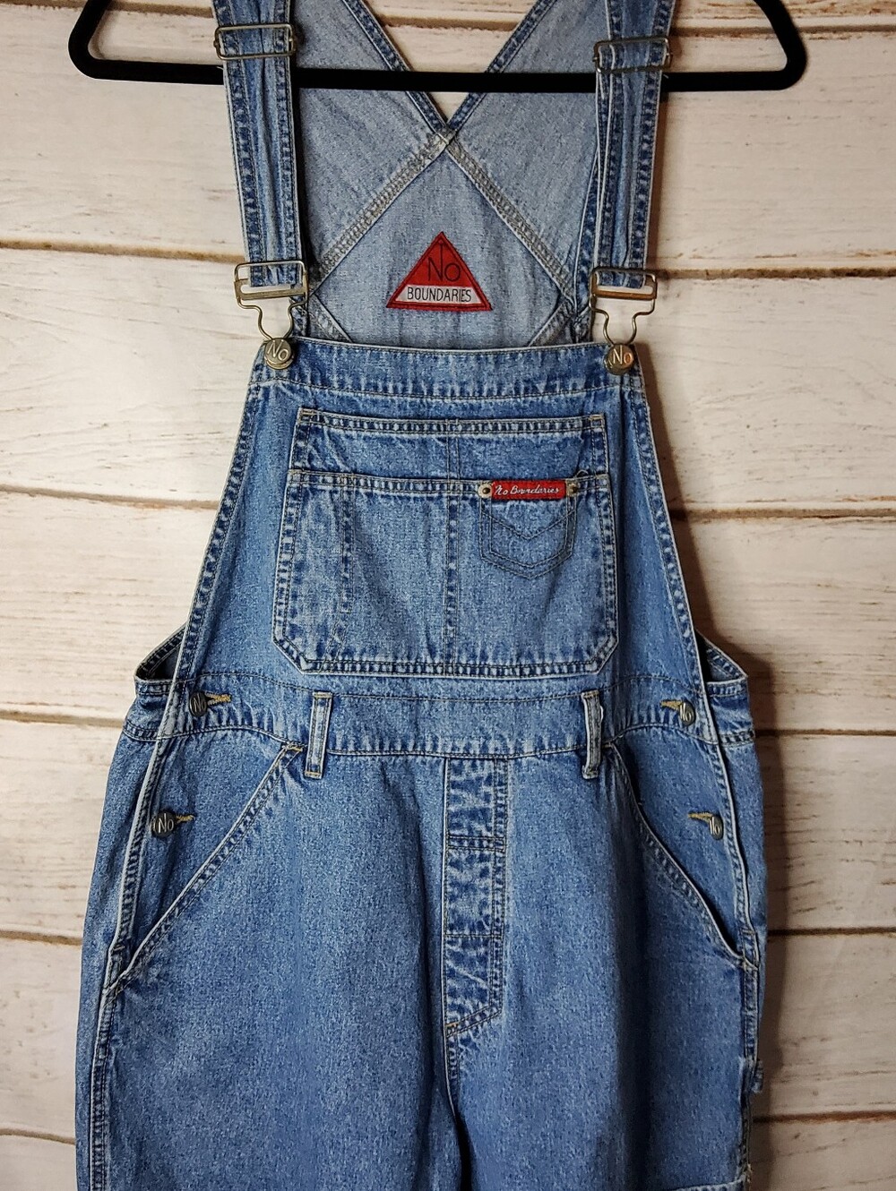 No Boundaries Vintage Light Blue Denim Bib Shortalls with Red Logo Patch